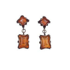 Vintage Amber Acrylic Gold Brass Metal Cocktail Dangle Earring Great Gatsby Boho